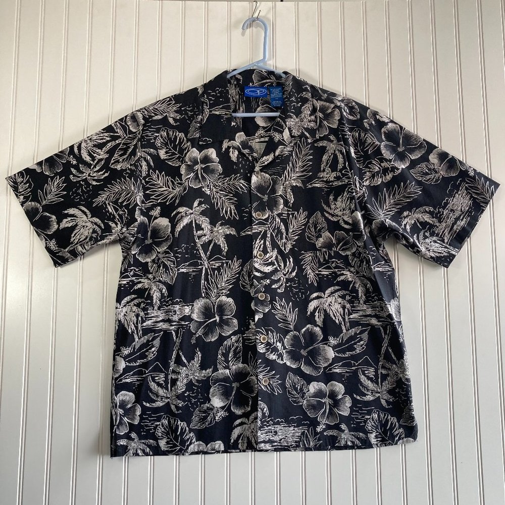 OP Ocean Pacific Aloha Hawaiian Shirt Large Beach Palm Trees Black White